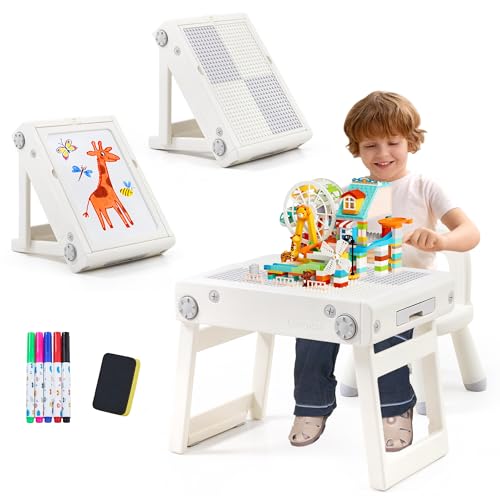 JooKiddie Kleinkind-Tisch- und Stuhl-Set, faltbarer Bausteintisch für Kinder, doppelseitiges Zeichnen & Bauen, Kinder-Aktivitätstische, inklusive 5 Markern und Tafelradierer von JooKiddie