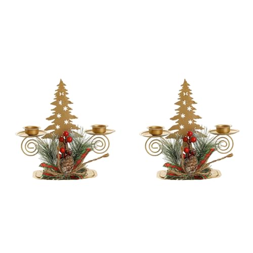 Jooehyer 2 Stück Goldener Weihnachtsbaum-Stumpenkerzenhalter mit Beeren- und Pinienkern-Kerzenhalter für die Feiertage, Schreibtischdekoration, Metalldekor von Jooehyer