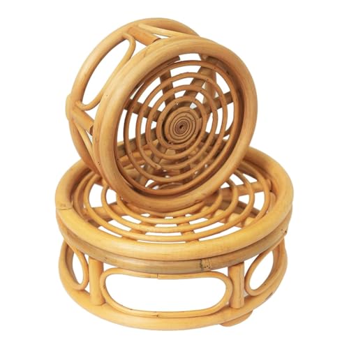 Jooehyer Boho Rattan Gewebte Runde Dekorative Erhöhungen Pflanzenständer für Den Innenbereich, Pflanzenständer, Kurzer Pflanzenständer Aus Korbgeflecht, 2er-Pack von Jooehyer