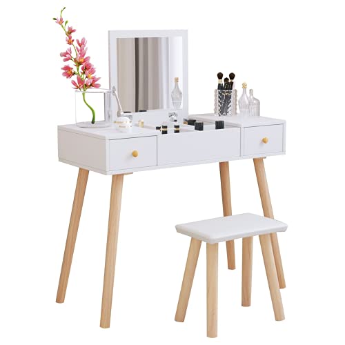 Jooli H Schminktisch mit Klappspiegel und Hocker, Schminktisch Set mit 2 Schubladen und 5 Ablagefächern für Schlafzimmer, Weiß Jooli H Schminktisch mit Klappspiegel und Hocker, Schminktisch Set mit 2 Schubladen und 5 Ablagefächern für Schlafzimmer, Weiß von Jooli H