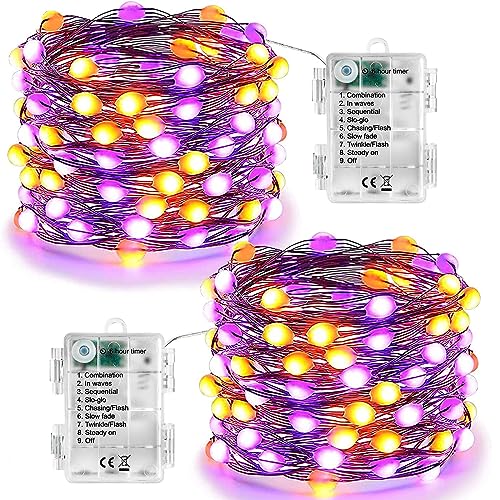 Joomer Halloween Deko Lichterkette, 2 Stück 50 LED Orange Lila Lichterkette Batteriebetrieben 8 Modi Wasserdicht Micro Silberdraht Halloween Dekoration Lichter für Außen Innen, Garten, Party von Joomer