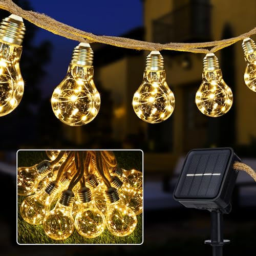 Joomer Solar Lichterkette Aussen, 7.5M 16 Glühbirnen LED Solar Lichterkette Außen Wetterfest 8 Modi Vintage Hanfseil Warmweiß Outdoor Lichterkette für Garten Party Hochzeit Pavilion Balkon von Joomer