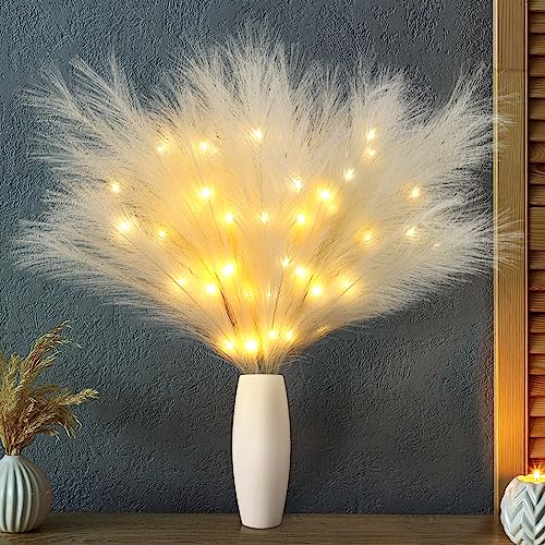 Joomer Leuchtende Pampasgras Groß, 70cm 3 Stück Pampasgras Künstliches Blumen Strauß, 36 LED Lichterkette Batteriebetrieben Boho Home Deko für Hochzeit Wohnzimmer Schlafzimmer Tisch(Beige) von Joomer