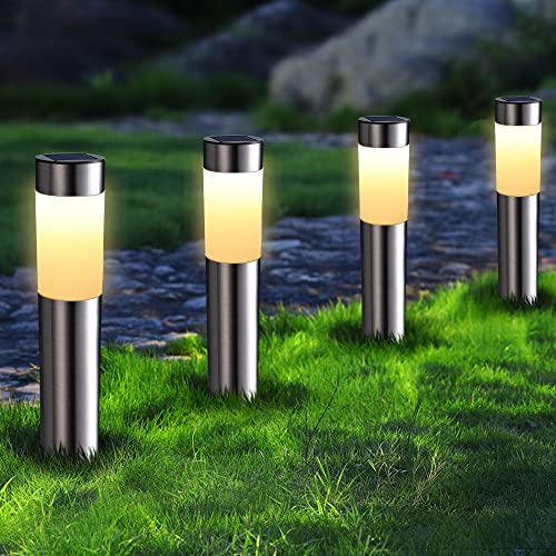 Joomer Solarlampen für Außen 4 Stück Edelstahl LED Solarleuchten Garten Außenleuchte Wetterfest Warmweiß Wegeleuchte Zylindrisch Gartenleuchte Auto Ein/Aus für Patio Rasen Terrasse Fahrstraßen von Joomer