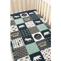 Woodland Patchwork Minky Decke | Kleiner Mann Elch & Bär Marine Petrol "Lass Uns Unter Den Sternen Liegen" 6 Größen, Baby, Kind, Teen, Erwachsene von JoomookieMinky