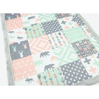 Woodland Southwestern Minky Patchwork Decke | Pfirsich, Grau & Mint 6 Größen Baby, Kind, Teen, Erwachsene von JoomookieMinky