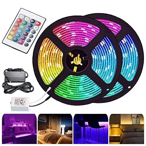 Joparri 10m RGB LED Streifen, 5050 Leds LED Strip Lichterkette mit Fernbedienung und Netzteil, mit 15 Farbwechsel und 4 Modi, Lichtband Selbstklebend, für Schlafzimmer TV Zuhause Schrankdek von Joparri