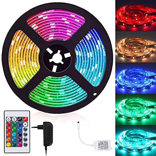 Joparri 1m RGB LED Streifen, 5050 Leds LED Strip Lichterkette mit Fernbedienung und Netzteil, mit 15 Farbwechsel und 4 Modi, Lichtband Selbstklebend, für Schlafzimmer TV Zuhause Schrankdek von Joparri