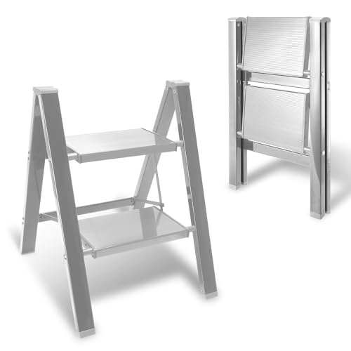 Joparri 2-Stufen-Leiter, Aluminium Klappleiter mit Breitem Anti-Rutsch-Pedal, 150kg Kapazität Leiter, Tragbarer Klapptrittleiter für Haushaltsbüro, klein und kompakt von Joparri
