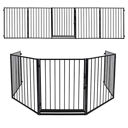 Joparri 2X Kaminschutzgitter mit Tür 304 cm Metall Ofenschutzgitter Laufgitter Laufstall Absperrgitter Tierschutzgitter Türschutzgitter für Kinder-Sicherung, 5-teilig (je 60 x 75 cm) Schwarz von Joparri