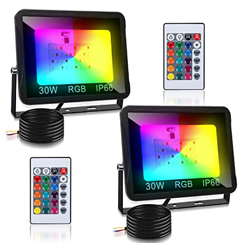 Joparri 2er 30W RGB LED Strahler mit Fernbedienung,16 Farben 4 Modi,IP66 Wasserdicht, Bunt Dimmbar Flutlicht mit Memoryfunktion, RGB LED Fluter für Terrassen, Verandabeleuchtung von Joparri