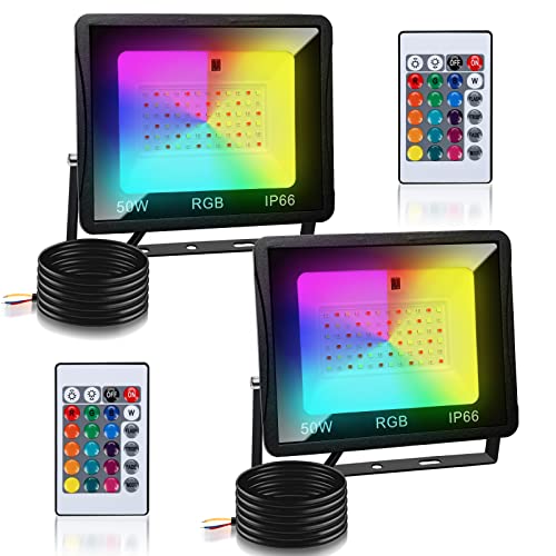 Joparri 2er 50W RGB LED Strahler mit Fernbedienung,16 Farben 4 Modi,IP66 Wasserdicht, Bunt Dimmbar Flutlicht mit Memoryfunktion, RGB LED Fluter für Terrassen, Verandabeleuchtung von Joparri