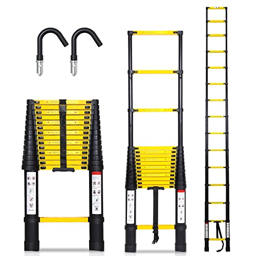 Joparri 4.4M Aluminium Teleskopleiter mit Abnehmbarem Haken, Ausziehbare Leiter, Rutschfester Aluleiter Stehleiter Mehrzweckleiter, Ausziehleiter Belastung 150 kg, Schwarz Gelb von Joparri