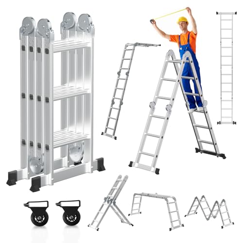 Joparri 4x3 Mehrzweckleiter 360cm 7 in 1 Alu Leiter mit 2 plattform und 2 Transport Rollen bis 150 kg，Vielzweckleiter Klappleiter Kombileiter Anlegeleiter Steigleiter Multifunktionsleiter von Joparri