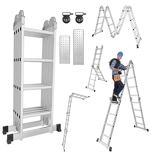 Joparri 4x4 Stufen Mehrzweckleiter, 4.7M Multifunktionsleiter Aluminium mit 2 Gerüstplatten und 2 Räder, Haushaltsleiter Klappleiter Arbeitsleiter 16 Stufen, Maximale Belastung 150kg von Joparri