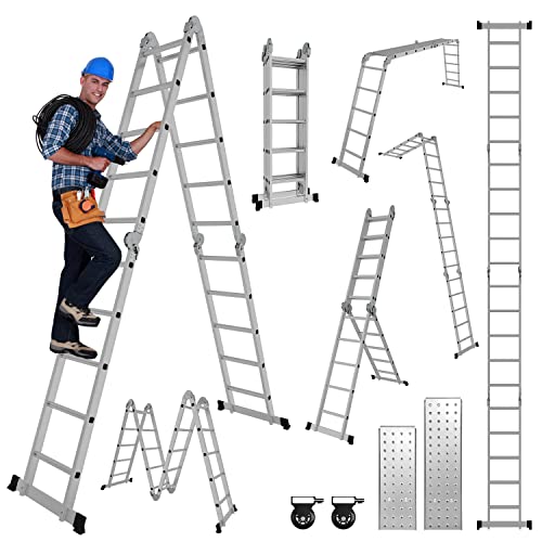 Joparri 4x5 Mehrzweckleiter 582cm 7 in 1 Alu Multifunktionsleiter bis 150 kg mit 2 Transport Rollen und 2 Plattform, Vielzweckleiter Klappleiter Arbeitsleiter Anlegeleiter Steigleiter von Joparri