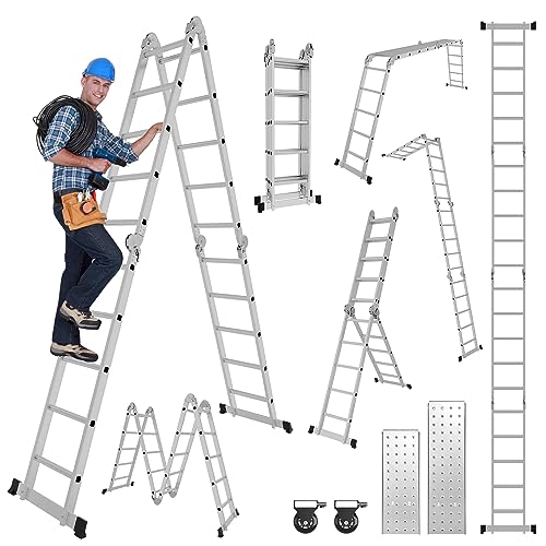 Joparri 4x5 Stufen Mehrzweckleiter, 5.82M Multifunktionsleiter Aluminium mit 2 Gerüstplatten und 2 Räder, Haushaltsleiter Klappleiter Arbeitsleiter 20 Stufen, Maximale Belastung 150kg von Joparri