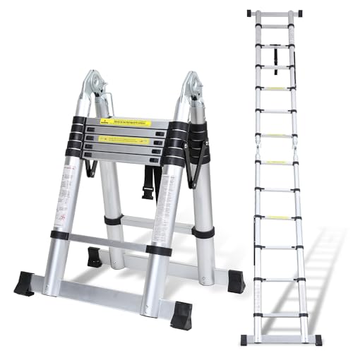 Joparri Alu Teleskopleiter 3.8M(1.9m+1.9m) mit Klappbar Design Teleskop Ausziehleiter Faltbar Stehleiter Rutschfester Aluminiumleiter Tragbar Mehrzweckleiter, bis 150KG von Joparri