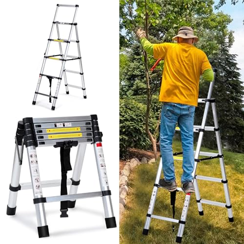 Joparri Aluminium Teleskopleiter Klappleiter 1.4m+1.7m A-Rahmen 4 + 5 Stufen, Ausziehleiter für Dachreparaturen, gefaltete Größe 62.7cm, 150 kg Tragfähigkeit von Joparri