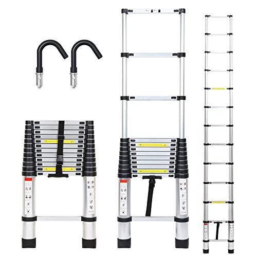 Joparri Aluminium Teleskopleiter mit Abnehmbarem Haken, 3.8M Ausziehbare Leiter, Rutschfester Aluleiter Stehleiter Mehrzweckleiter Ausziehbar Aluminiumleiter, Ausziehleiter Belastung 150 kg von Joparri