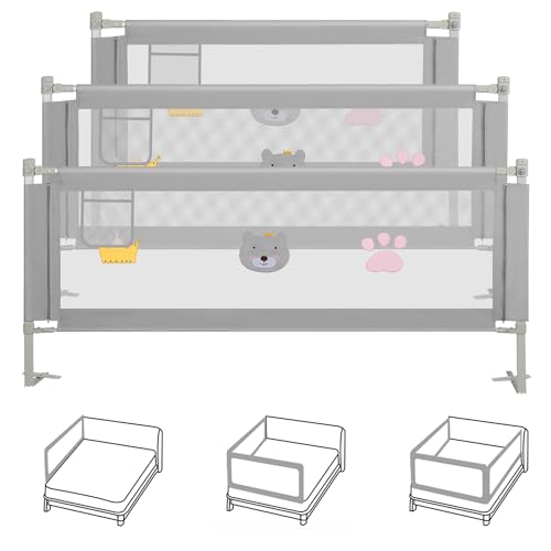 Joparri Bettgitter 2X 200cm und 1x 180cm, Bettschutzgitter für Kinder Höhenverstellbar von 70-98cm, Kinderbettgitter, Rausfallschutz Bett Babybettgitter, Grau Bestickt von Joparri