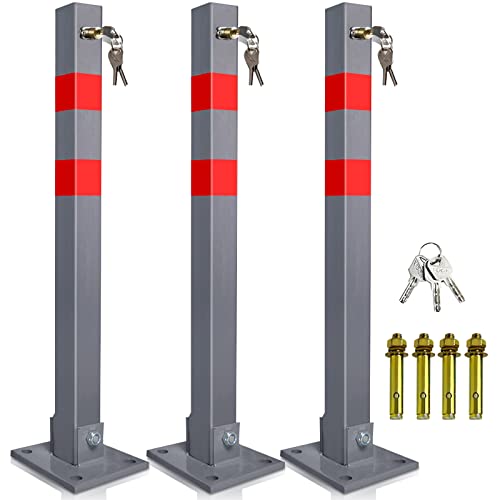 Joparri Parkpfosten Klappbar, Parkplatzsperre Absperrpfosten Parkwacht Pfeiler Poller Signalfarbe 3 Schlüssel Stahl Robust Standfuß Stabil Park Poller, 3er Set von Joparri