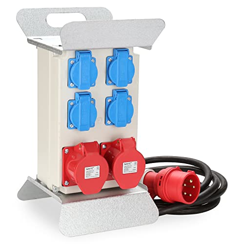 Joparri Wandverteiler, Stromverteiler CEE 2 x 16A 400V+4x 230V Schuko IP44 5 polig Baustromverteiler, schwere Gummischlauchleitung Stromzufuhr, Steckdose Sicherheitsklappdeckeln von Joparri