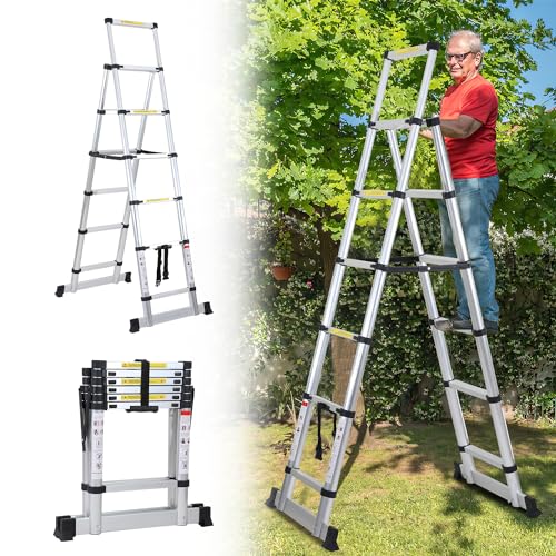 Jopassy 1,7m+2m Teleskopleiter Klappleiter 5+6 Stufen, A-Rahmen Mehrzweckleiter Stehleiter aus Aluminium, Ausziehleiter Trittleiter Leiter für Dachreparaturen von Jopassy