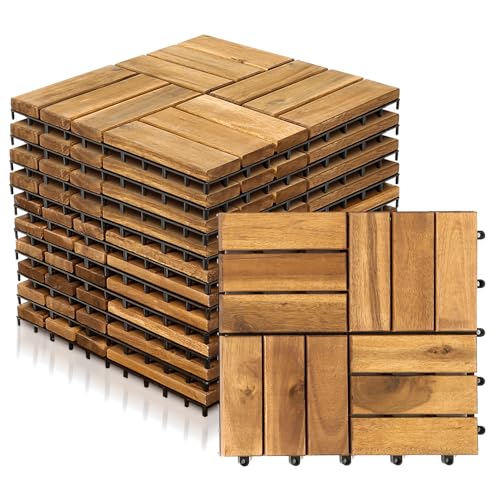 Jopassy 11 Stück Holzfliesen Balkon, 1 m² Balkon Bodenbelag 30x30 cm | Holzfliesen Mosaik aus Akazienholz, Balkonfliesen Terrassenfliesen für Garten, Balkon, Terrasse | 12 Latten von Jopassy