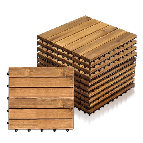 Jopassy 11 Stück Holzfliesen Balkon, 1 m² Balkon Bodenbelag 30x30 cm | Holzfliesen Mosaik aus Akazienholz, Balkonfliesen Terrassenfliesen für Garten, Balkon, Terrasse | 6 Latten von Jopassy