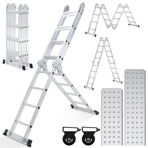 Jopassy 4x4 Stufen Aluminium Mehrzweckleiter 16 Stufen, 4.7M Multifunktionsleiter mit plattform, Leiter mit 2 Gerüstplatten, Trittleiter bis 150 kg, Klappleiter, Silber von Jopassy