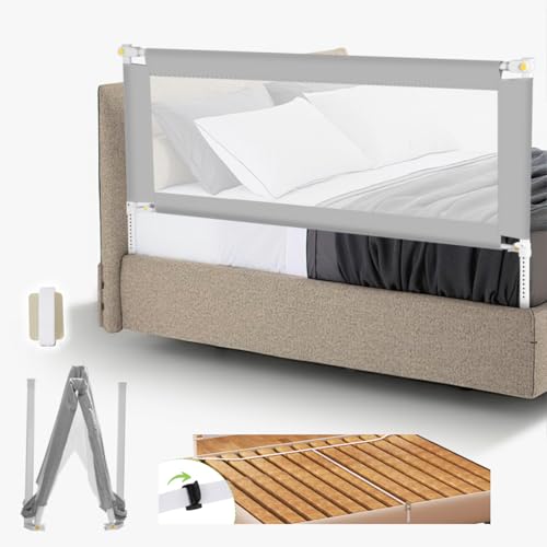 Jopassy Bettgitter 150 X 68 cm Kinderbettgitter Schnellklapp Bettschutzgitter für Kinder,Rausfallschutz Boxspringbett Klappbar Montage luftiges Rausfallschutz Bett für Kleinkinder Baby,Grau von Jopassy
