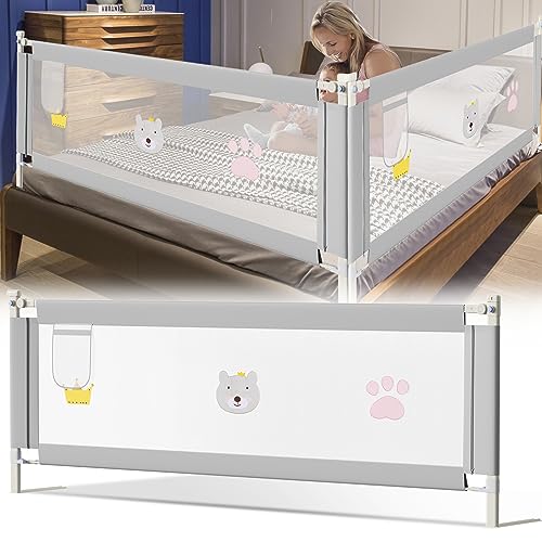 Jopassy Bettgitter 180cm, Höhenverstellbar 70-98 cm Rausfallschutz Bett für Kinder Mit Muster, Babybettgitter für Kleinkinder, Bed Rail stabile Bauweise, Kinderbettgitter mit luftiges Netz, Grau von Jopassy