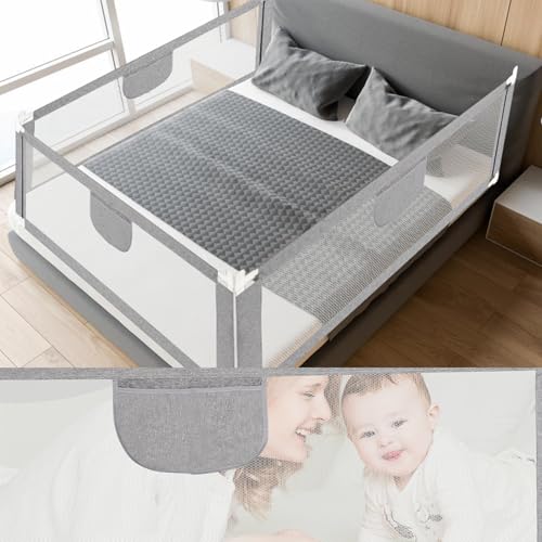 Jopassy Bettgitter Rausfallschutz 200cm Bettschutzgitter Kinderbettgitter, Kinderbettschutzgitter für Kinder & Elternbetten, Höhenverstellbar 64-96cm mit Luftiges Netz, Stabile, Grau, 2 Stück von Jopassy