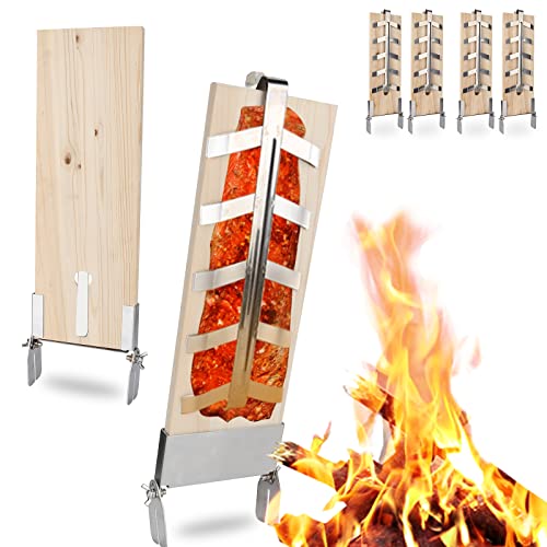 Jopassy Flammlachsbrett Räucherbrett 4er Set, mit Stabiler Edelstahl-Halterung 5 Stufen einstellbar für Feuerschalen, Kugelgrill, Feuertonne, Feuerkorb, Smoker, Grill von Jopassy