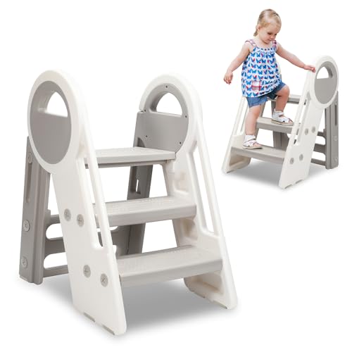 Jopassy Kinder Tritthocker 2 Stufen - 3 Stufen Höhenverstellbar, Hocker Kinder mit Handhaben, Tritt-Schemel Kinderschemel für Baby, Faltbar kinderhocker für Küche, Kinderzimmer und Badezimmer, Grau von Jopassy