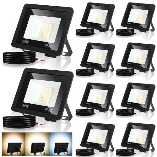 Jopassy LED Strahler Außen 10X 20W dimmbar LED Fluter Scheinwerfer IP65 Wasserdicht Außenstrahler 3000/4000/6500k LED Flutlicht für Sportplatz Rasenflächen Hinterhof Auffahrt Garage Flur Garten von Jopassy