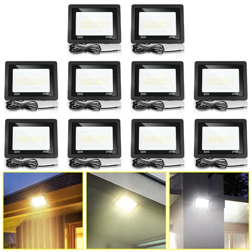 Jopassy LED Strahler Außen 10X 30W dimmbar LED Fluter Scheinwerfer IP65 Wasserdicht Außenstrahler 3000/4000/6500k LED Flutlicht für Sportplatz Rasenflächen Hinterhof Auffahrt Garage Flur Garten von Jopassy