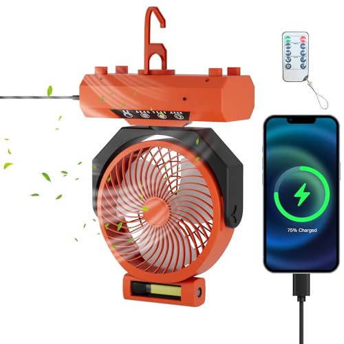 Jopassy Ventilator Akku 20000mAh, USB Tischventilator,Camping Ventilator mit LED-Laterne & Haken,4 Geschwindigkeiten,270°Drehung,Timer-Funktion,Tischventilator Sehr Leise für Outdoor(Orange) von Jopassy