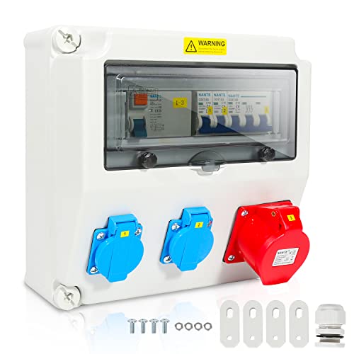 Jopassy Wandverteiler mit Leitungsschutzschalter und FI,5 Polig Baustromverteiler mit 2xSchuko-Steckdose und CEE-Steckdose 16A Stromverteiler für Innen und Außen von Jopassy