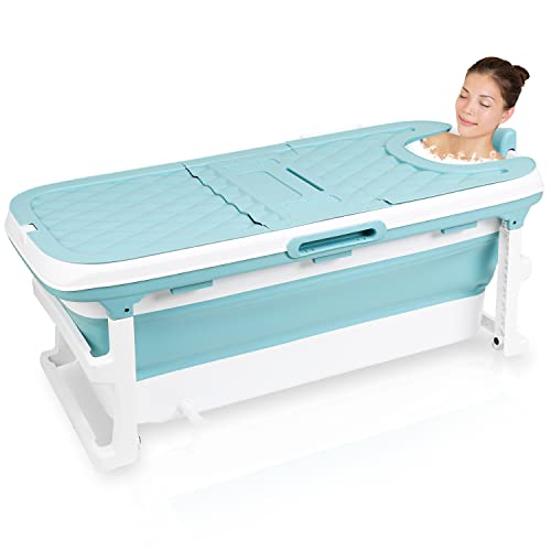 faltbare Badewanne Erwachsene XXL, 149x60x50cm klappbare mobile Badewanne mit Abdeckung Klappbadewanne Erwachsener foldable bathtub mit Korb für Badezimmer, Dusche und Balkon von Jopassy