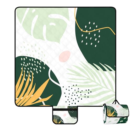 Jopee Picknickdecke Wasserdicht, 200x200 cm Waschbare Campingdecke mit Griff, Groß Outdoor Stranddecke für 4-6 Personen, Tragbar Isoliert Strandmatte für Camping, Wandern, Strandpark - Grün Blätter von Jopee