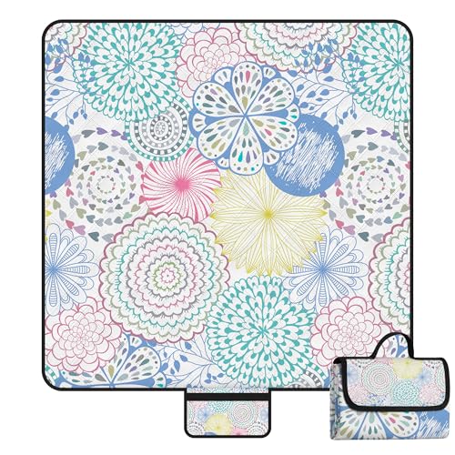 Picknickdecke Wasserdicht, 200x200cm Boho Sandfrei Stranddecke Wärmeisoliert mit Wasserdichter Unterseite, Tragbare Waschbar Campingdecke, Strandmatte für Trocken Strand, Picknick, Wandern, Reisen von Jopee