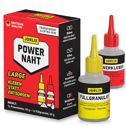 JORLIX POWERNAHT – XXL Schweißnaht Kleber Set mit 50 g Kleber & 60 g Füllgranulat | Sekundenkleber extra stark für Kunststoff, Metall, Holz, GFK & PVC | Deutsche Marke – wasserfest & hitzebeständig von Jorlix