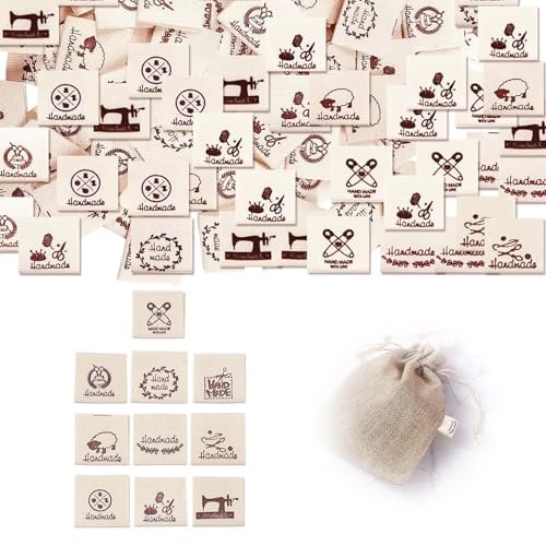 100 Stück Handmade Label, Rechteckig Nähen Tuch Etiketten, Label Nähen 10 Wunderschön Muster, Stoffetiketten Textiletiketten zum annähen Einnähen Textiletiketten Nähen DIY Dekor von Jormftte