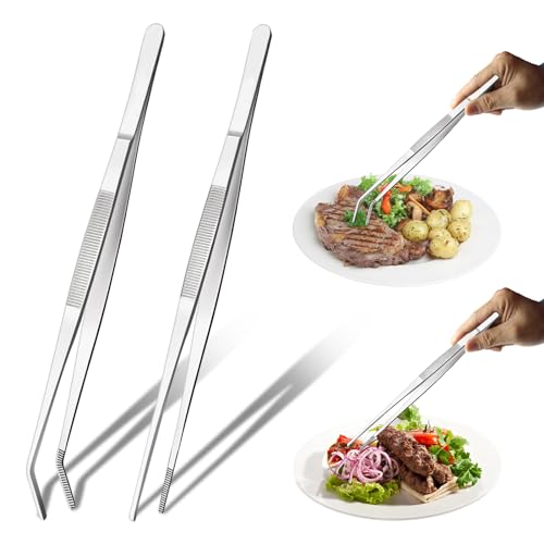 2 Stück Kochpinzette, 30cm Küchenpinzette, Edelstahl Fleischpinzette, Lang Pinzette, Stabile Küchenpinzette Bratpinzette Grillpinzette für Kochen Backen Grillen Servieren (Gerader Spitze und Gebogene) von Jormftte