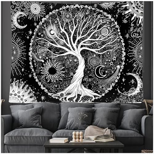 Baum Des Lebens Tapisserie, Schwarz-Weiß-Sonne-Mond-Wandteppich Psychedelisches Mandala, Sternenhimmel Wandteppich, Schwarzer Asthetischer Tapisserie, Wandbehang für Schlafzimmer (150 x 200cm) von Jormftte