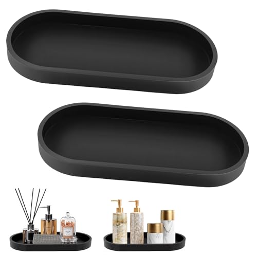 Jortmrd 2 Stück Badezimmer Tablett Schwarz Dekotablett Badezimmertablett Silikon Ablageschale Kosmetik Kleines Oval Tablett für Wohnzimmer, Schlafzimmer, Waschbecken, Badewanne und Küchenspüle von Jortmrd