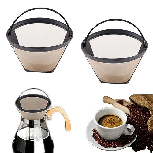 Jortmrd 2 Stück Kaffeefilter Größe 4 Dauerfilter Edelstahl Goldtonfilter Wiederverwendbar Kaffee Filter Kegelförmig mit Griff Dauerkaffeefilter 100 Mesh Korb Waschbar Permanentfilter für 8-12 Tassen von Jortmrd