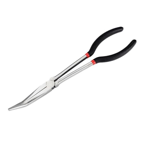 Jortmrd Extra Lange Spitzzange Gebogen 25° Lange Zange mit Gezahnten Backen für Schmuckherstellung, Angelbedarf Enge Hand Tool Hardware Industrial aus Stahlmaterial mit Griff (Schwarz 280mm) von Jortmrd